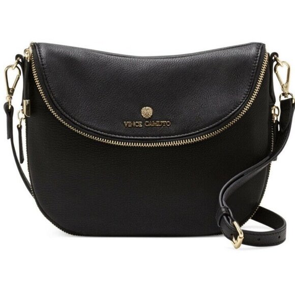 Vince Camuto Rizo Foldover Leather Crossbody-black bag medium size - Picture 1 of 7